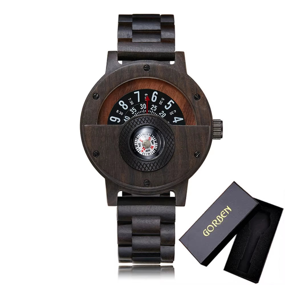 Turntable Compass Creative Wood Watch Men Dial Real Walnut Ebony Bamboo Wooden Watches Man Male Brown Black Clock Wrist Reloj