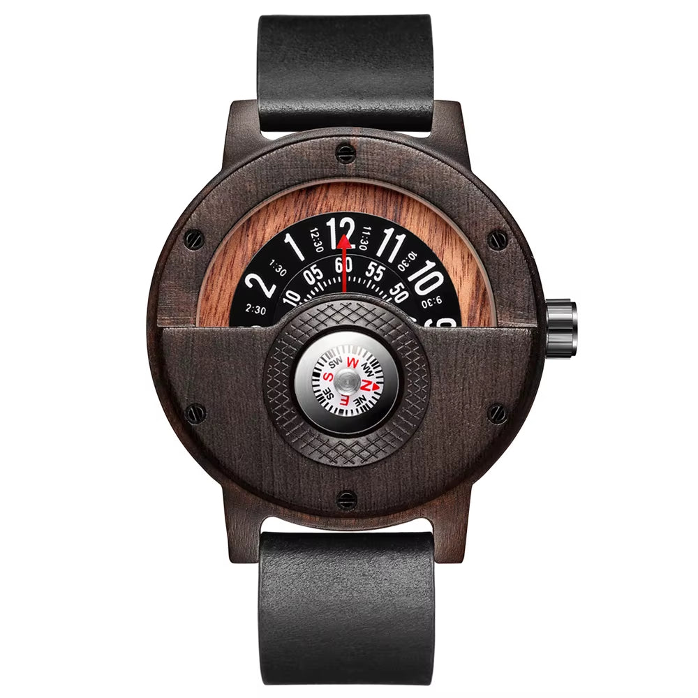 Turntable Compass Creative Wood Watch Men Dial Real Walnut Ebony Bamboo Wooden Watches Man Male Brown Black Clock Wrist Reloj
