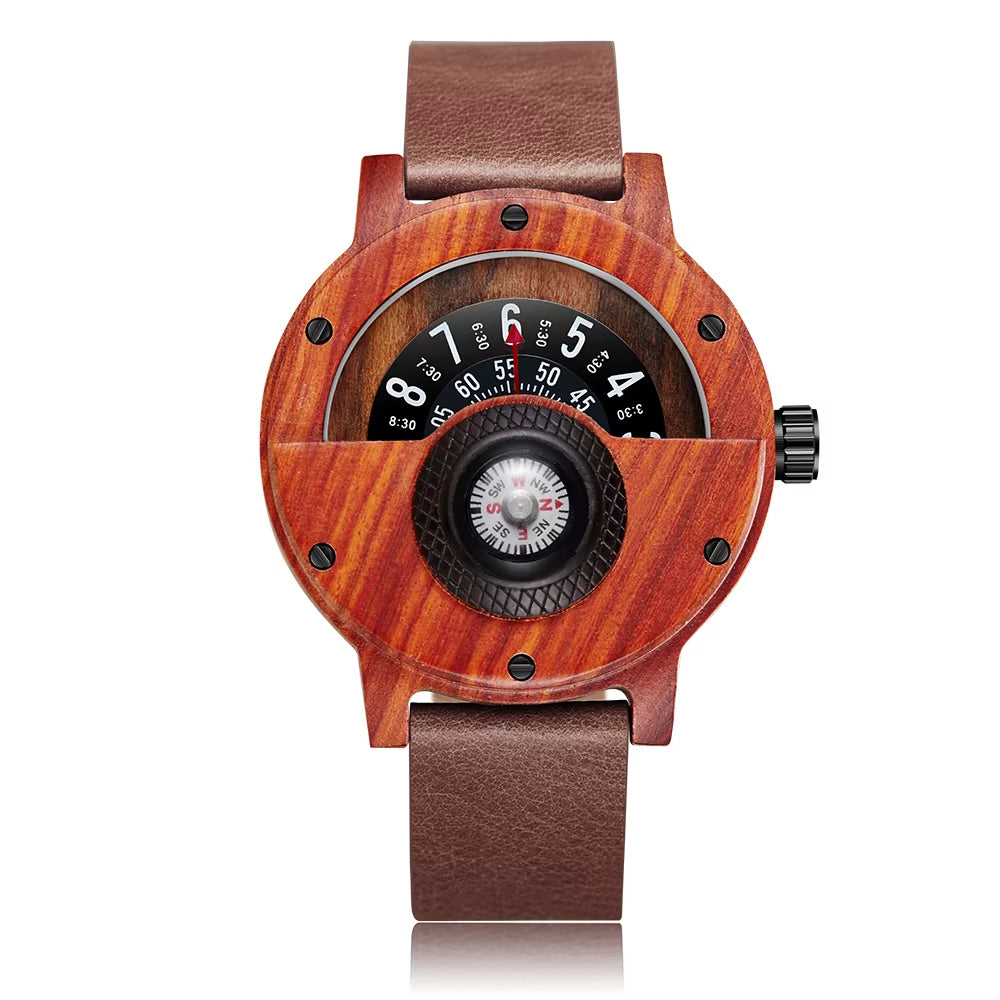 Turntable Compass Creative Wood Watch Men Dial Real Walnut Ebony Bamboo Wooden Watches Man Male Brown Black Clock Wrist Reloj