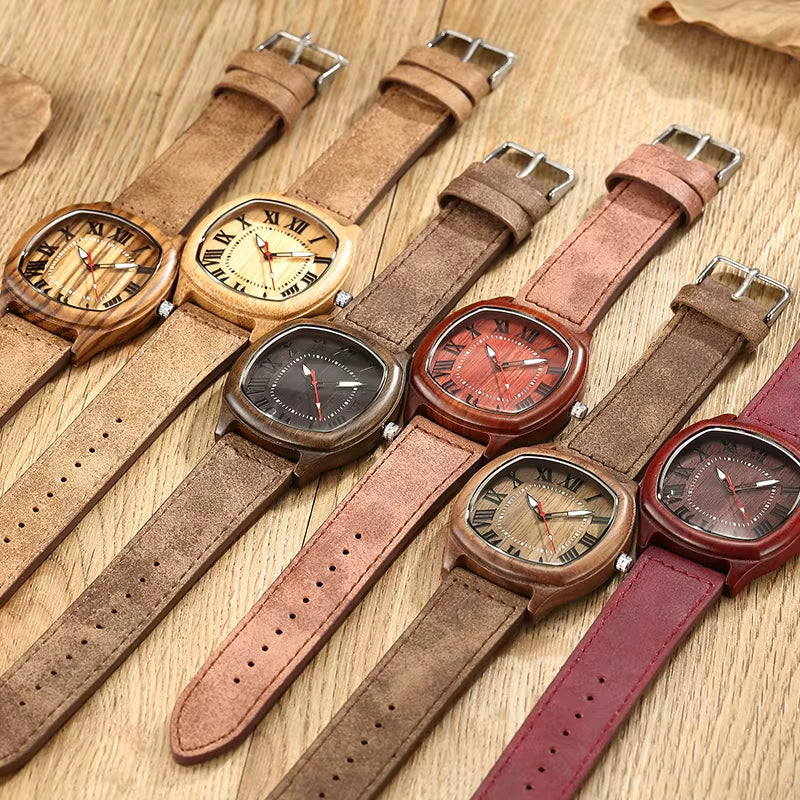 6TYPE Nature Wood Watches Men Women Genuine Leather Wrist Watch Handmade Bamboo Quartz-Watch Unisex Men'S Gift Relogio Masculino