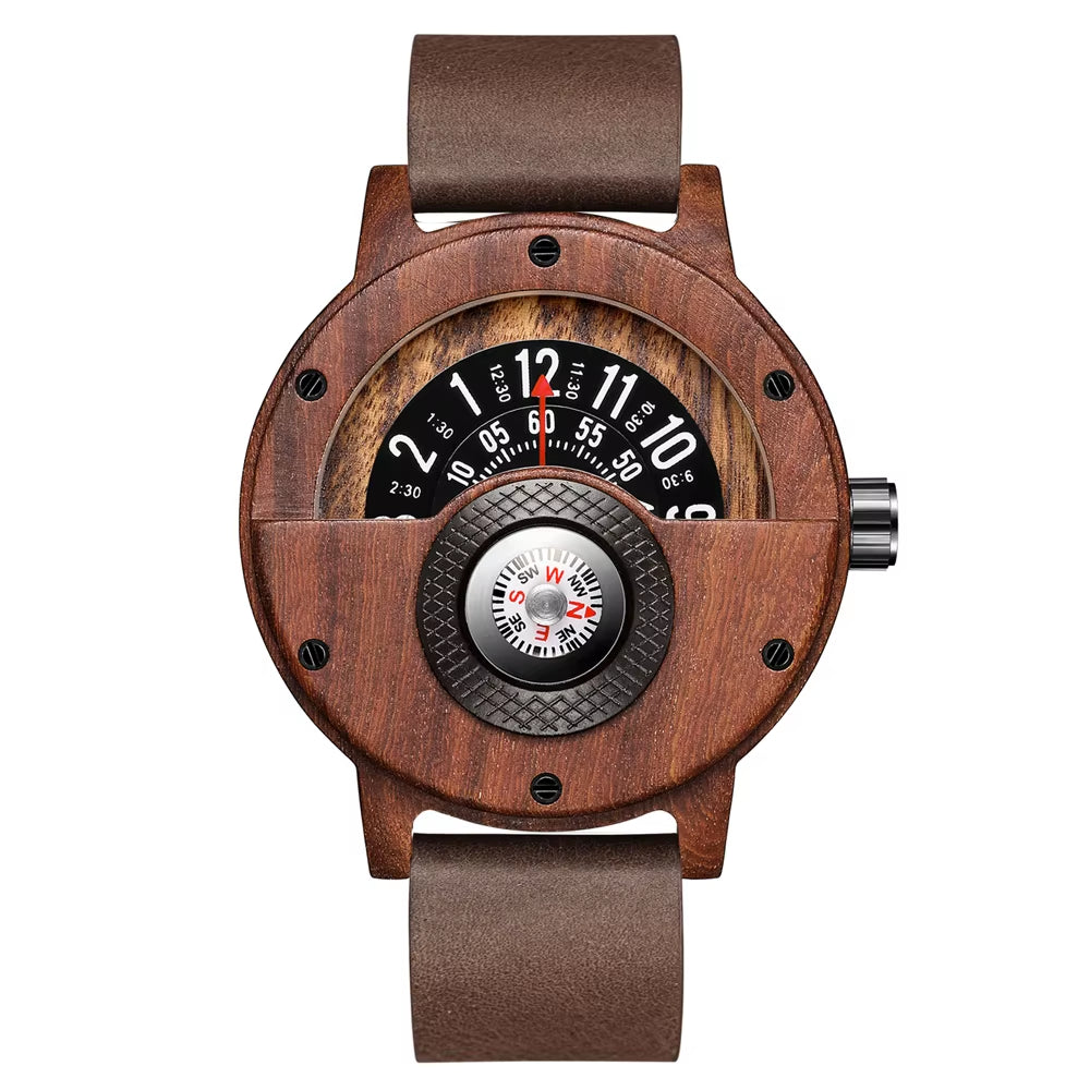 Turntable Compass Creative Wood Watch Men Dial Real Walnut Ebony Bamboo Wooden Watches Man Male Brown Black Clock Wrist Reloj