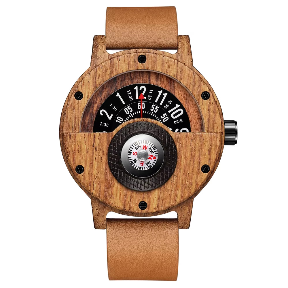 Turntable Compass Creative Wood Watch Men Dial Real Walnut Ebony Bamboo Wooden Watches Man Male Brown Black Clock Wrist Reloj