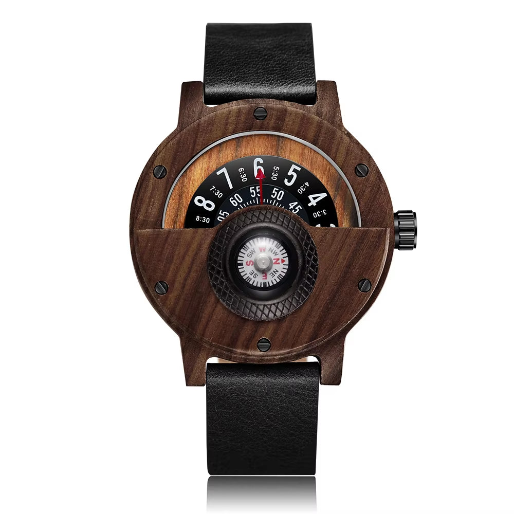 Turntable Compass Creative Wood Watch Men Dial Real Walnut Ebony Bamboo Wooden Watches Man Male Brown Black Clock Wrist Reloj