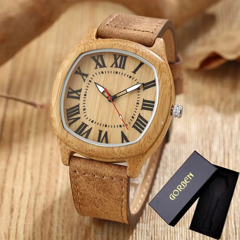 6TYPE Nature Wood Watches Men Women Genuine Leather Wrist Watch Handmade Bamboo Quartz-Watch Unisex Men'S Gift Relogio Masculino