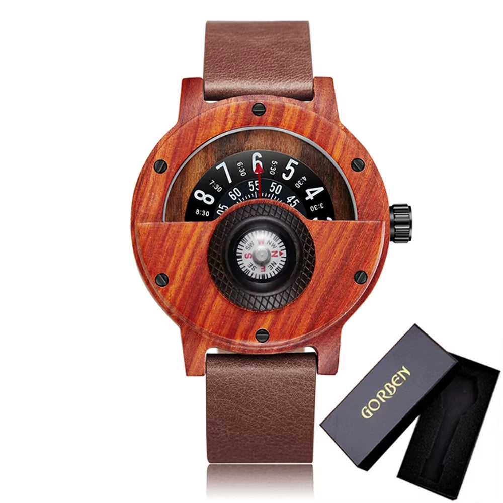 Turntable Compass Creative Wood Watch Men Dial Real Walnut Ebony Bamboo Wooden Watches Man Male Brown Black Clock Wrist Reloj
