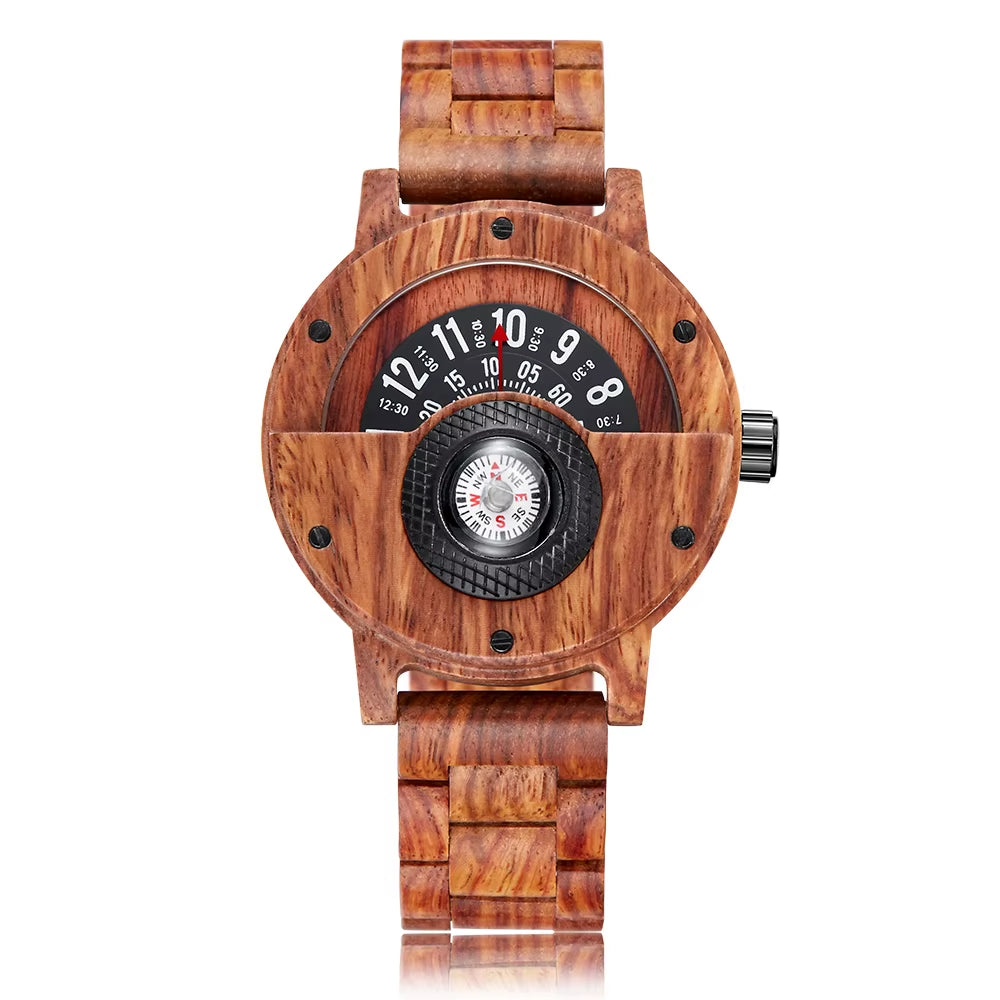 Turntable Compass Creative Wood Watch Men Dial Real Walnut Ebony Bamboo Wooden Watches Man Male Brown Black Clock Wrist Reloj