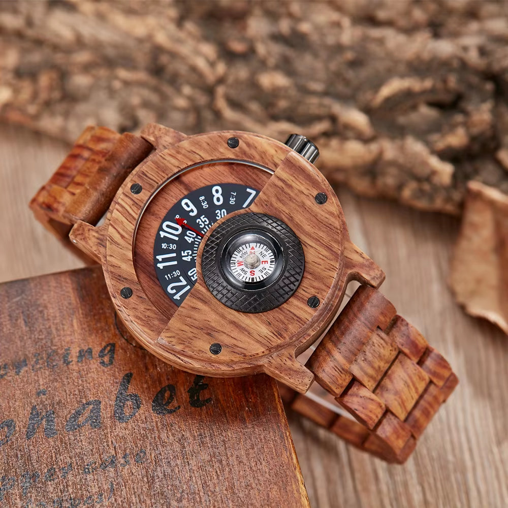 Turntable Compass Creative Wood Watch Men Dial Real Walnut Ebony Bamboo Wooden Watches Man Male Brown Black Clock Wrist Reloj