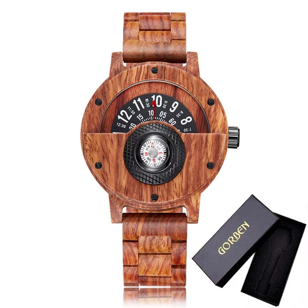 Turntable Compass Creative Wood Watch Men Dial Real Walnut Ebony Bamboo Wooden Watches Man Male Brown Black Clock Wrist Reloj