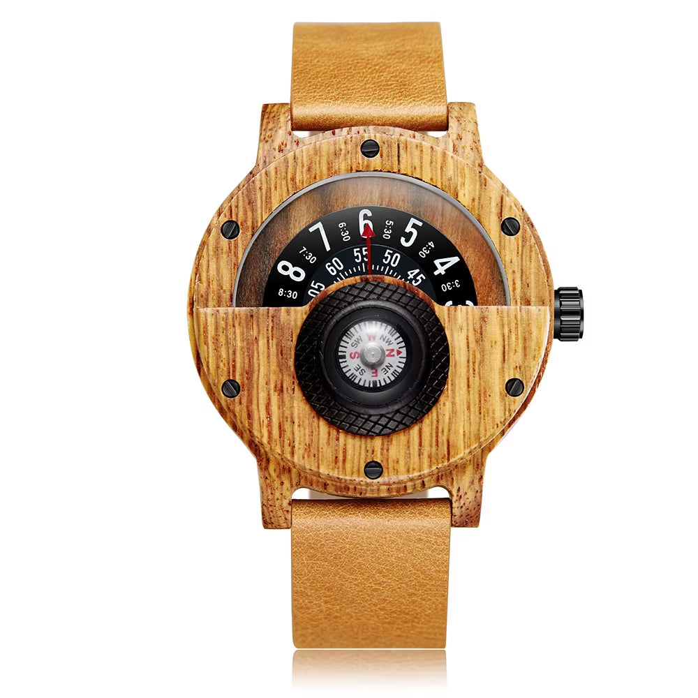 Turntable Compass Creative Wood Watch Men Dial Real Walnut Ebony Bamboo Wooden Watches Man Male Brown Black Clock Wrist Reloj