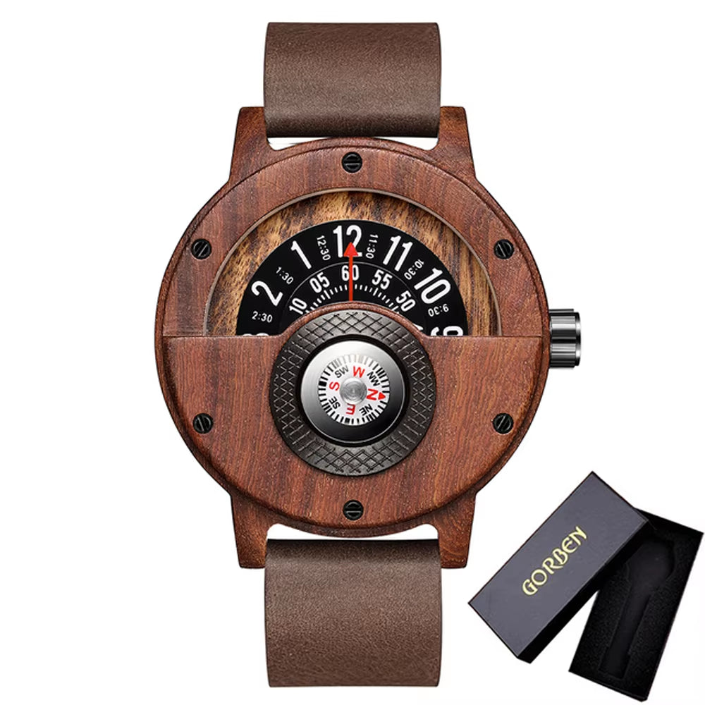 Turntable Compass Creative Wood Watch Men Dial Real Walnut Ebony Bamboo Wooden Watches Man Male Brown Black Clock Wrist Reloj