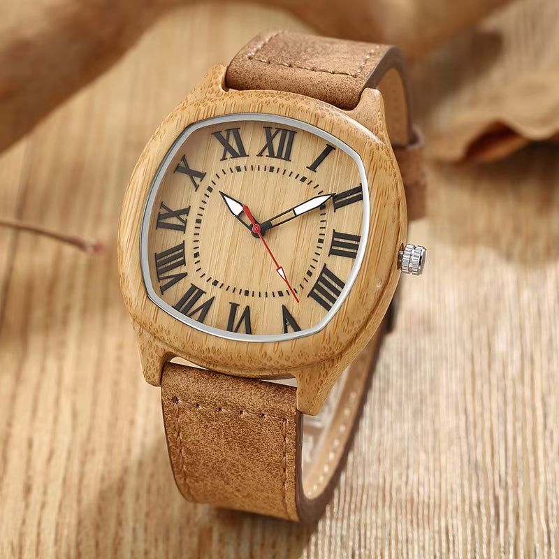 6TYPE Nature Wood Watches Men Women Genuine Leather Wrist Watch Handmade Bamboo Quartz-Watch Unisex Men'S Gift Relogio Masculino
