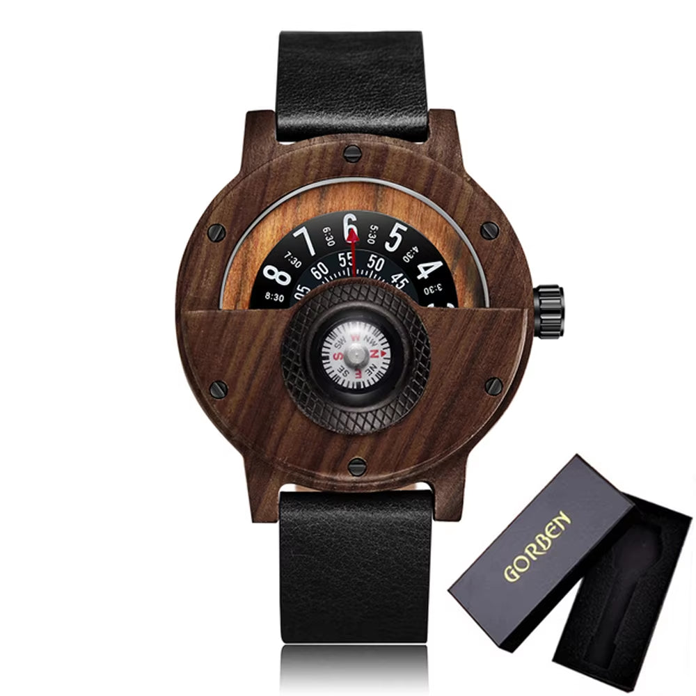 Turntable Compass Creative Wood Watch Men Dial Real Walnut Ebony Bamboo Wooden Watches Man Male Brown Black Clock Wrist Reloj