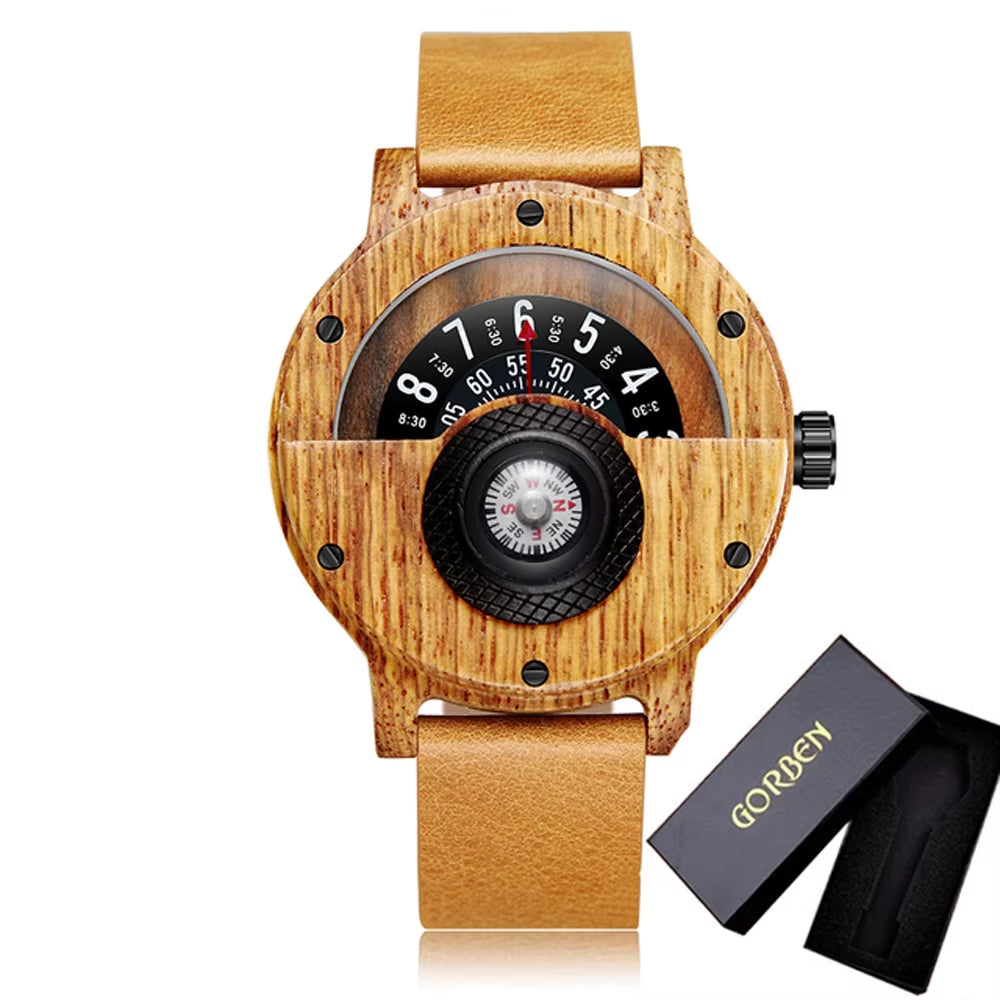 Turntable Compass Creative Wood Watch Men Dial Real Walnut Ebony Bamboo Wooden Watches Man Male Brown Black Clock Wrist Reloj