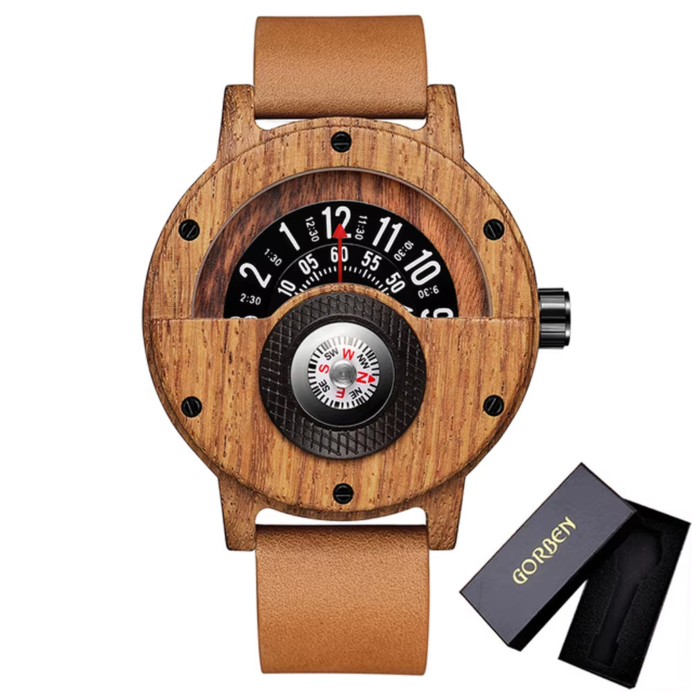 Turntable Compass Creative Wood Watch Men Dial Real Walnut Ebony Bamboo Wooden Watches Man Male Brown Black Clock Wrist Reloj